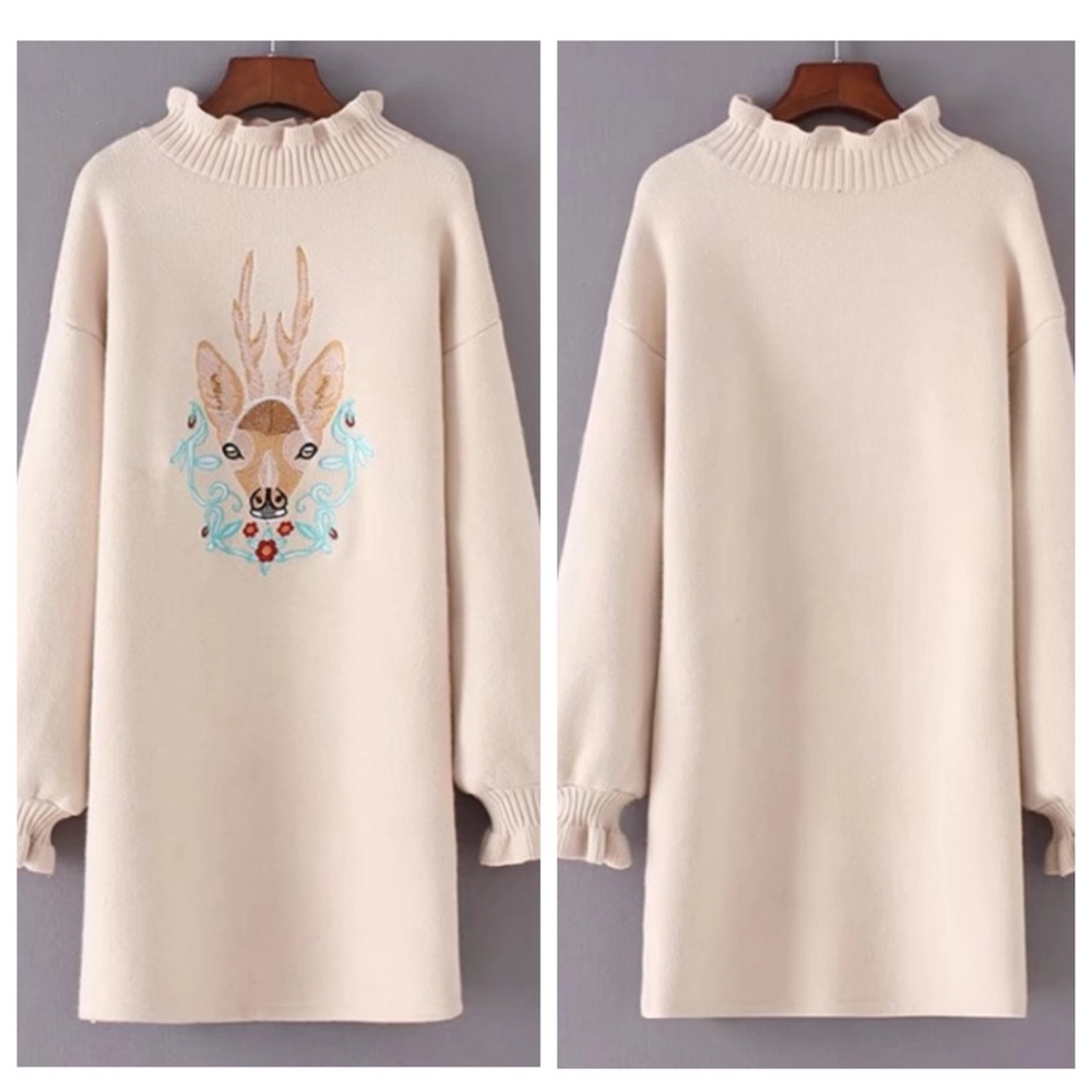 Embroidered Deer Ruffle Tunic Cottage Core Sweater